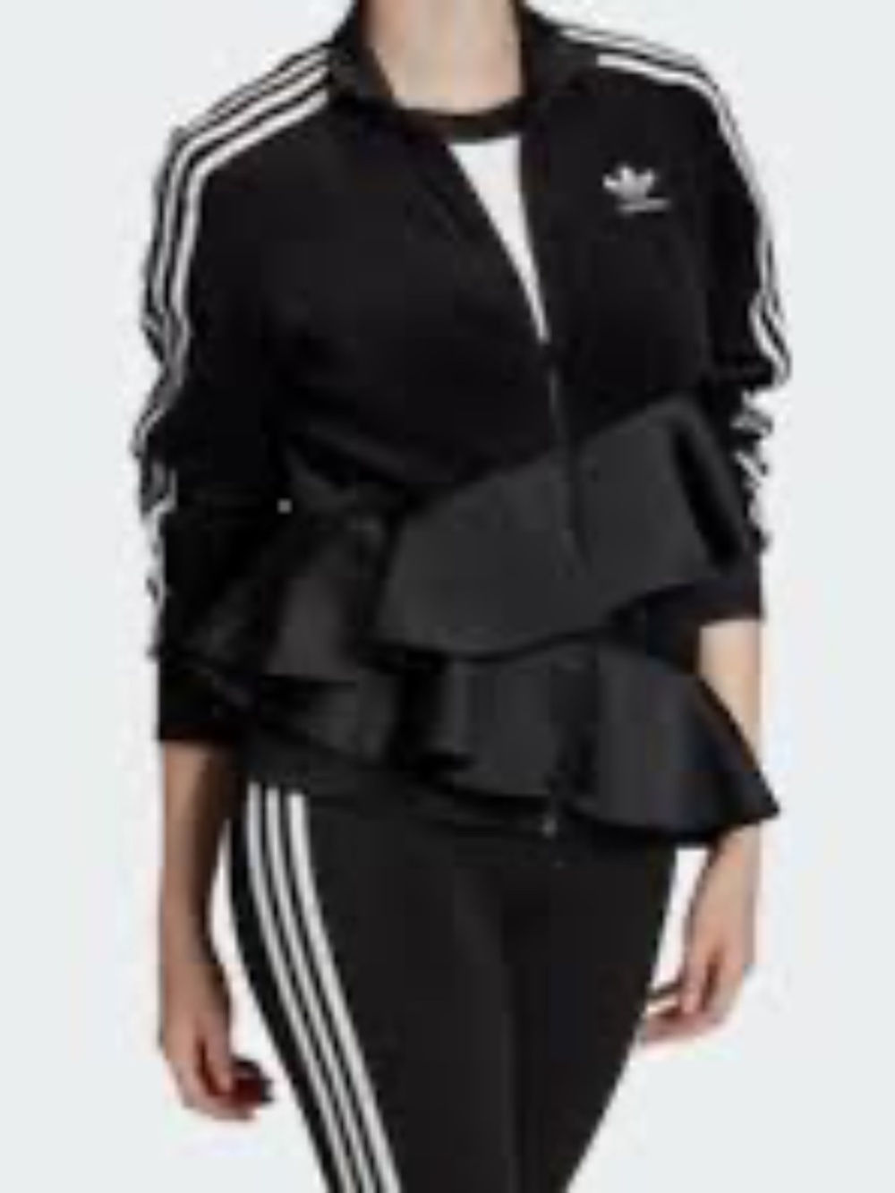 adidas Black Ruffled Track Jacket with White Stripes